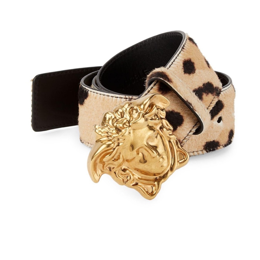 VERSACE Unisex Leopard Print Gold Medusa Belt Size 80